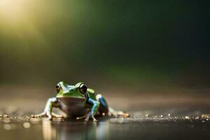 un rana sentado en el suelo con el Dom brillante. generado por ai foto
