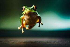 a frog is flying through the air. AI-Generated photo