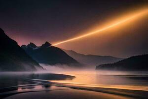 un largo exposición fotografía de un montaña rango con un ligero brillante mediante él. generado por ai foto