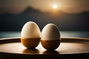 two eggs on a wooden tray with a sunset in the background. AI-Generated photo