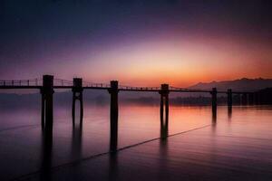 a bridge over the water at sunset. AI-Generated photo