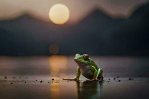 a frog sitting on the ground at sunset. AI-Generated photo