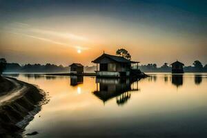 a lake with a house on the shore at sunset. AI-Generated photo