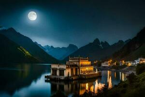 photo wallpaper the moon, lake, mountains, the moon, the moonlight, the moonlight. AI-Generated