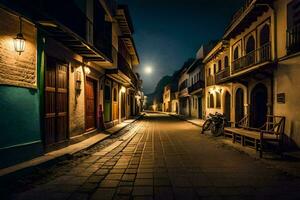 a street at night with a moon in the sky. AI-Generated photo