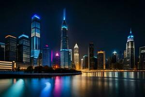 el ciudad horizonte a noche con luces reflejando apagado el agua. generado por ai foto