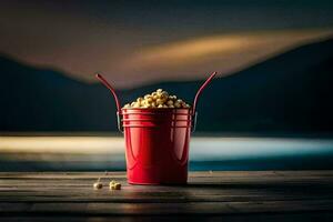 a bucket of popcorn on a wooden table with a lake in the background. AI-Generated photo