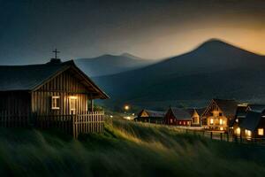 a village at dusk with a mountain in the background. AI-Generated photo