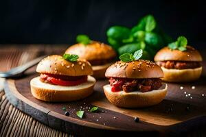 small sandwiches with meat and cheese on a wooden board. AI-Generated photo