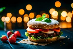 a hamburger with strawberries and cheese on a wooden table. AI-Generated photo