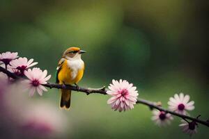 a bird sits on a branch with pink flowers. AI-Generated photo