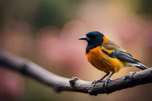 a bird with orange and black feathers sitting on a branch. AI-Generated photo