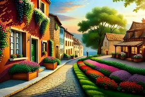 an illustration of a street with flowers and houses. AI-Generated photo