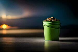 a bucket of peanuts on a table in front of a sunset. AI-Generated photo