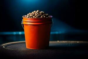 a bucket filled with coffee beans on a dark background. AI-Generated photo