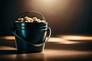 a bucket filled with peanuts on a table. AI-Generated photo