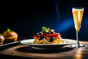 a plate of spaghetti with meat and vegetables on a table. AI-Generated photo