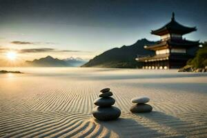 the sunrise in the background, the pagoda, the rocks, the beach, the mountains,. AI-Generated photo