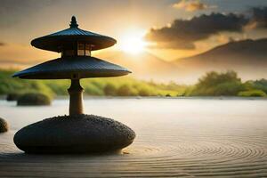 a pagoda sits on the sand in front of a mountain. AI-Generated photo