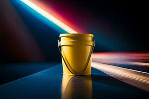 a yellow bucket sitting on a table with a bright light. AI-Generated photo