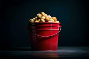 a red bucket filled with peanuts on a dark background. AI-Generated photo