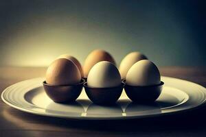 five eggs are arranged on a plate. AI-Generated photo