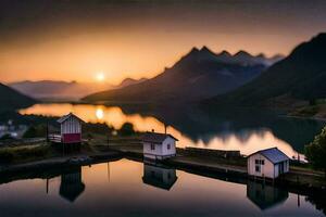 un lago y un pequeño casa en el montañas. generado por ai foto