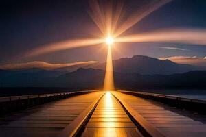 un largo puente con un brillante ligero brillante mediante él. generado por ai foto