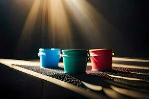 three colorful buckets on a table with sunlight shining through. AI-Generated photo