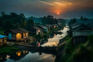 photo wallpaper the sky, water, river, houses, the sun, the river, the sunset. AI-Generated