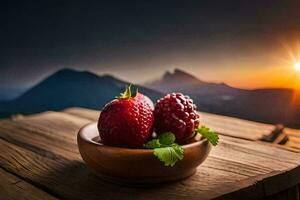 two strawberries in a bowl on a wooden table with a sunset in the background. AI-Generated photo