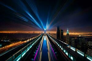 un largo exposición foto de un ciudad a noche. generado por ai