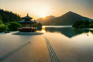 a pagoda sits on the shore of a lake at sunset. AI-Generated photo