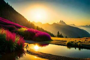 the sun rises over a mountain range with purple flowers. AI-Generated photo