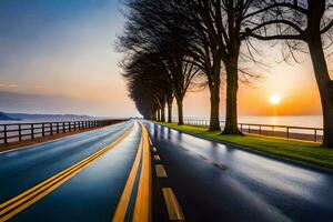 a long exposure photograph of a road with trees and water. AI-Generated photo