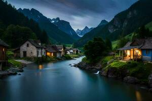 photo wallpaper mountain, the night, river, house, village, the night, river, house. AI-Generated
