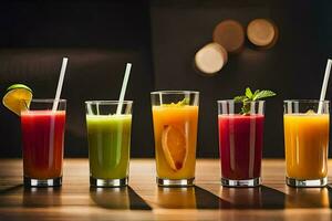 a row of different colored juices in glasses. AI-Generated photo