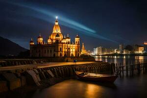 a boat sits on the water next to a church at night. AI-Generated photo