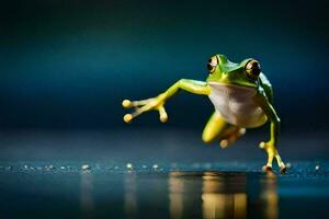 a frog jumping on the water. AI-Generated photo