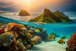 the sun shines over the ocean and tropical fish swim in the water. AI-Generated photo