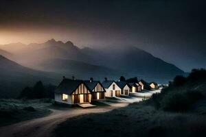 a row of houses in the mountains at night. AI-Generated photo