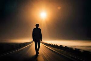 un hombre en un traje y sombrero caminando en un la carretera a noche. generado por ai foto