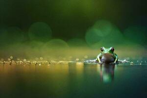 a frog is sitting on the water with a green background. AI-Generated photo