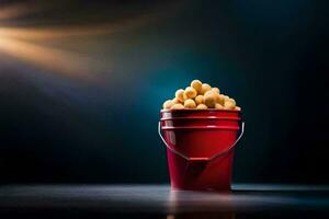 a bucket filled with peanuts on a dark background. AI-Generated photo