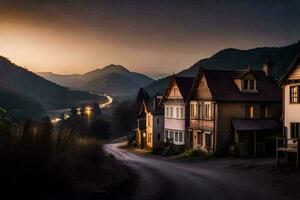 un la carretera en el montañas con casas generado por ai foto