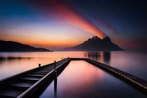a pier in the water with a mountain in the background. AI-Generated photo