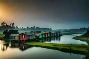 colorful houses on the banks of a river at sunrise. AI-Generated photo