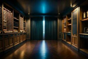 a wine cellar with wooden shelves and a light. AI-Generated photo