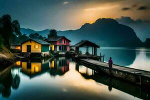 photo wallpaper the sky, water, mountains, house, the sky, water, mountains, house. AI-Generated