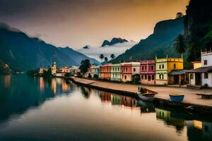 colorful houses line the shore of a river. AI-Generated photo